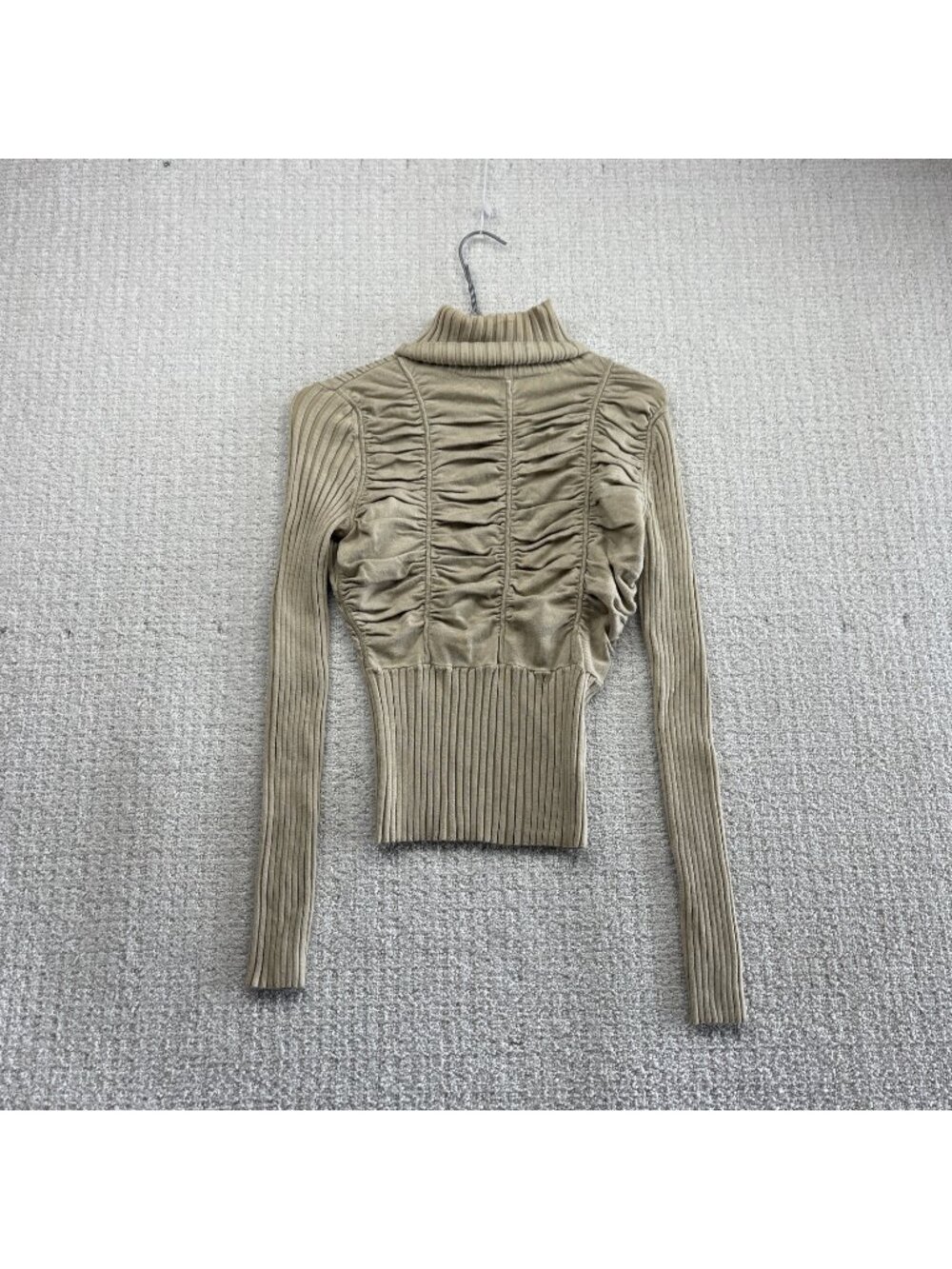 Y2K Dynamite Turtleneck Ruched Ribbed Knit Long Sleeve Top Bodycon Tan Sz L